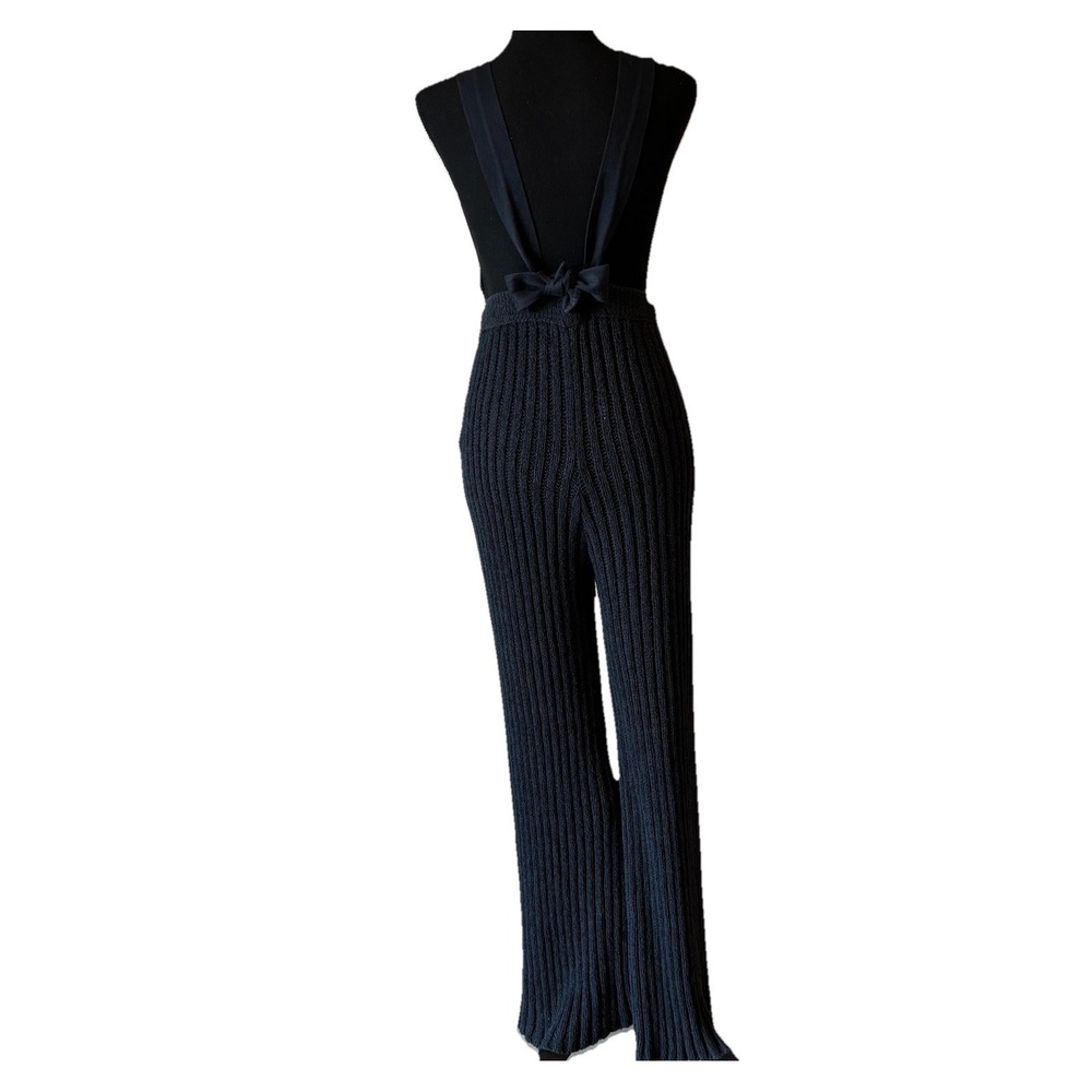 Free People Beach Knit Jumpsuit Ribbed Black Wide Leg Cozy Style Size Small - Picture 5 of 13